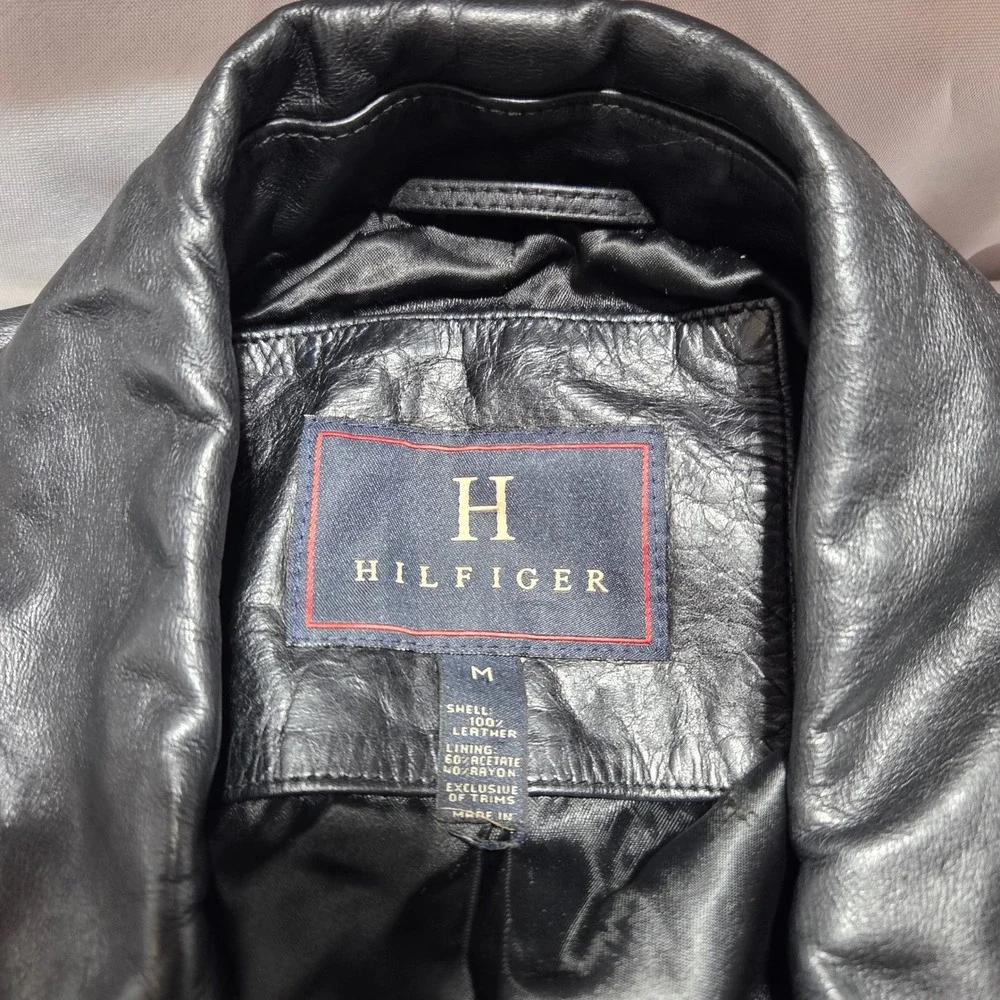 Tommy Hilfiger Mens Black Leather Car Coat Jacket Vintage Y2K Size M Medium